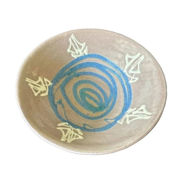 Earthworks Barbados Pottery Serving Bowl 12” Round White Ships Blue Ocean‎ Tan - Picture 1 of 11